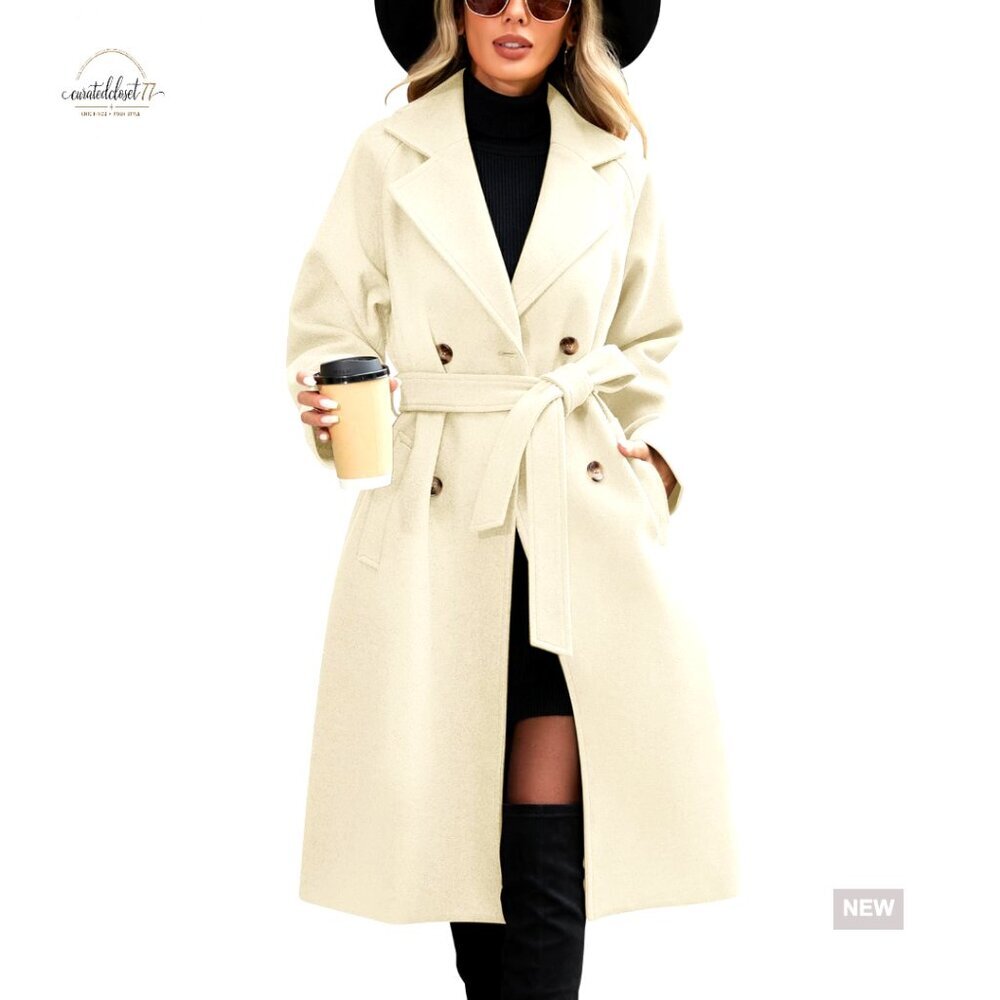 Women's Wool Blend Pea Coat Double Breasted Belted Trench Fall Winter